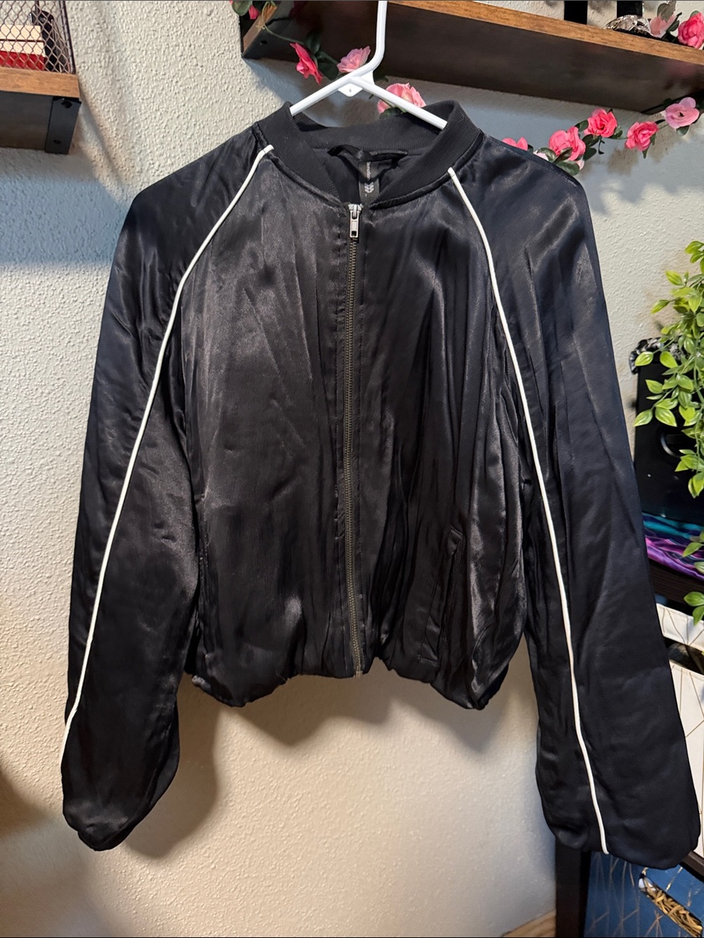 all in motion Black Satin Bomber Jacket with White Piping